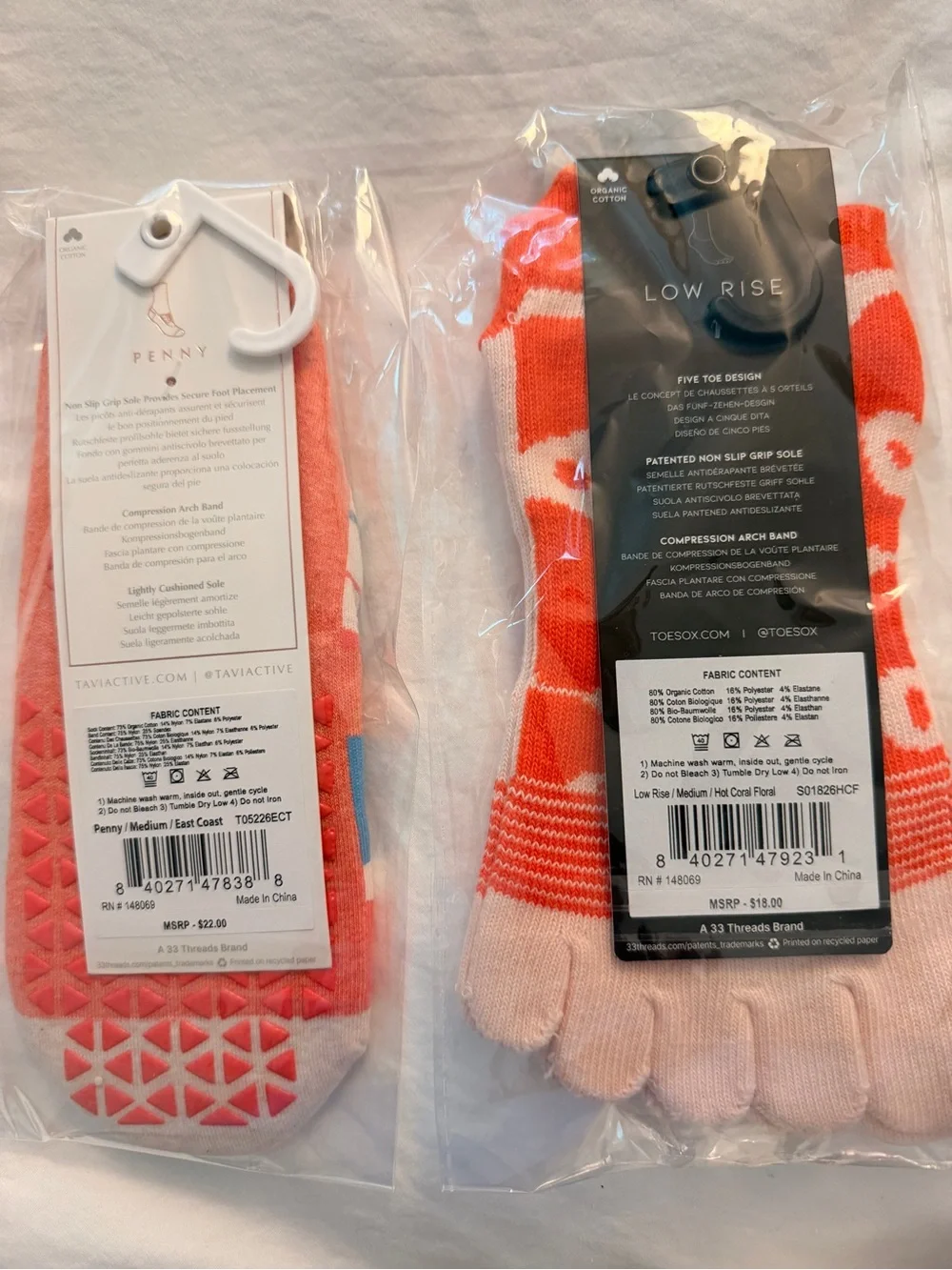 toesox Coral Floral Low-Rise Toe Socks with Blue-Trim No-Show Grip Pair